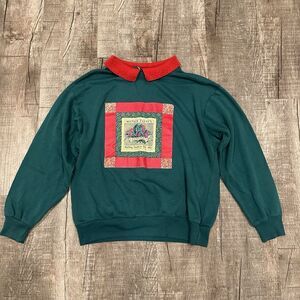 Vintage Bonworth Collared Sweatshirt Mens S‎ Cranberry Print Green Red Christmas